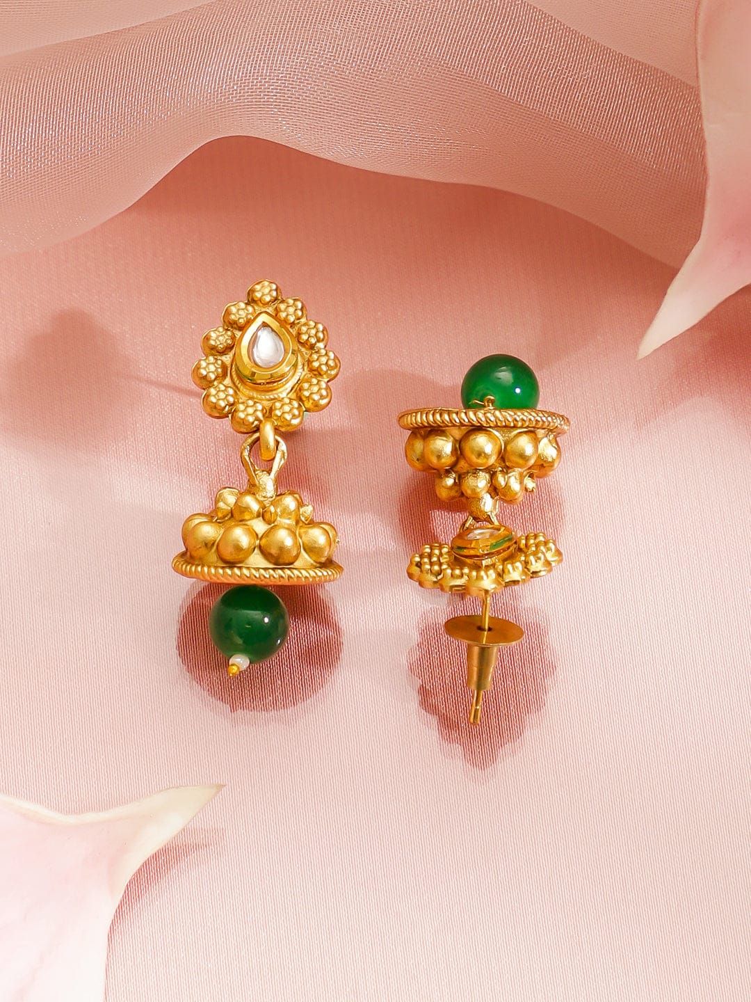 Rubans 22K Gold-Plated Long Necklace Set with White Beads, Green Beads & Kundan Pendant Jewellery Set