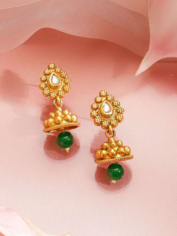 Rubans 22K Gold-Plated Long Necklace Set with White Beads, Green Beads & Kundan Pendant Jewellery Set