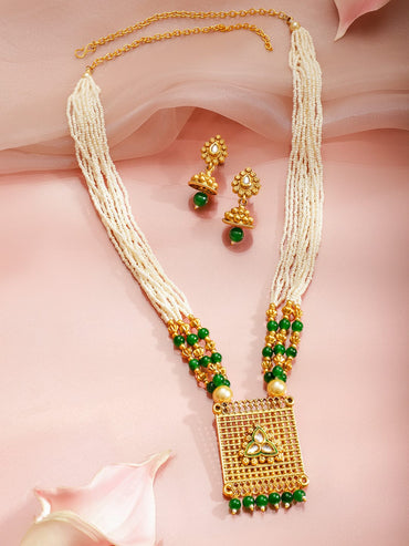 Rubans 22K Gold-Plated Long Necklace Set with White Beads, Green Beads & Kundan Pendant Jewellery Set