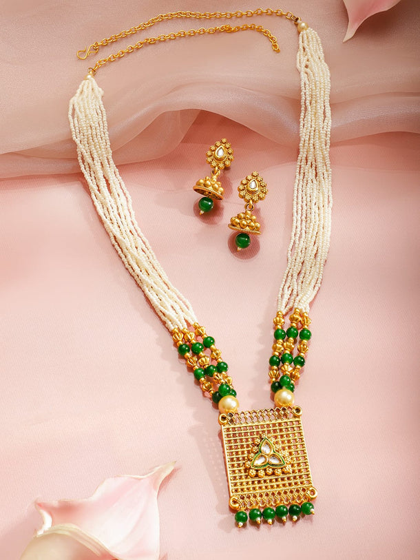 Rubans 22K Gold-Plated Long Necklace Set with White Beads, Green Beads & Kundan Pendant Jewellery Set