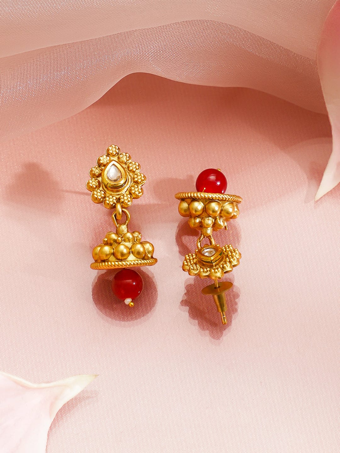 Rubans 22K Gold-Plated Long Necklace Set with White Beads, Ruby Red Beads & Kundan Pendant Jewellery Set