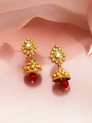 Rubans 22K Gold-Plated Long Necklace Set with White Beads, Ruby Red Beads & Kundan Pendant Jewellery Set