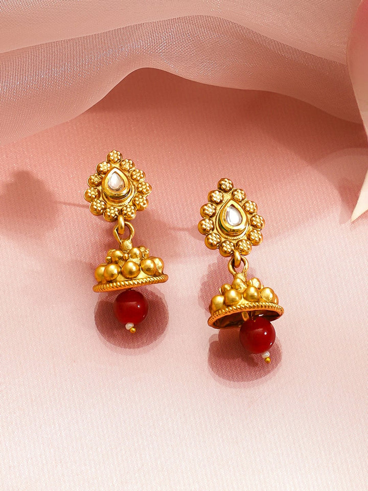 Rubans 22K Gold-Plated Long Necklace Set with White Beads, Ruby Red Beads & Kundan Pendant Jewellery Set