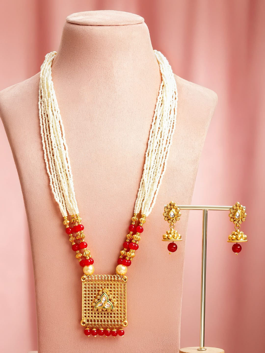 Rubans 22K Gold-Plated Long Necklace Set with White Beads, Ruby Red Beads & Kundan Pendant Jewellery Set