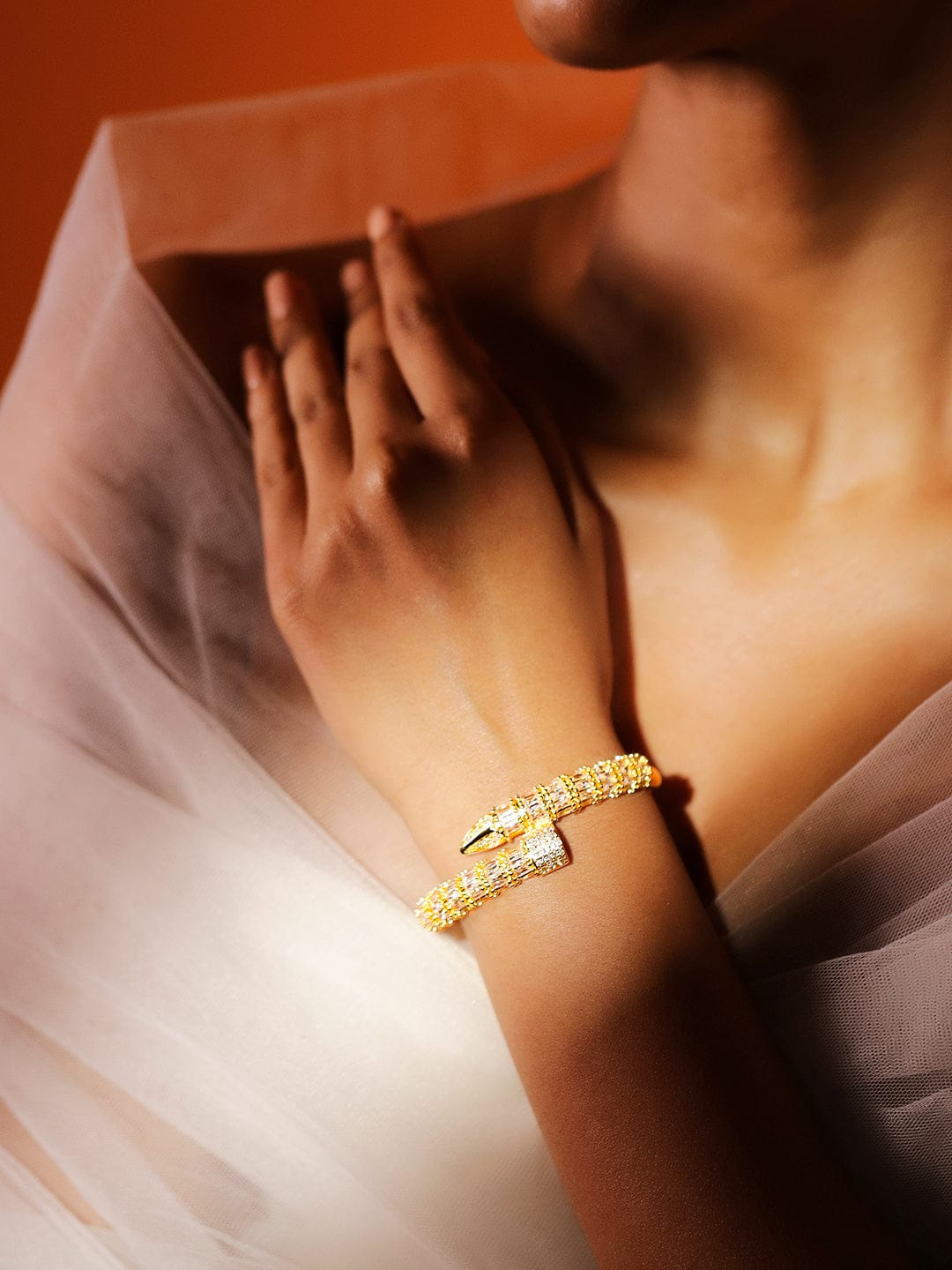 Rubans 22K Gold-Plated Luxurious Snake-Inspired Cubic Zirconia Bracelet Wristwear