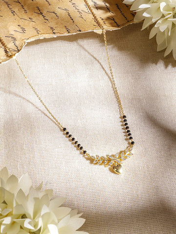Rubans 22K Gold-Plated Mangalsutra Necklace with Black Beads, Heart-Shaped Pendant & Cubic Zirconia for Women Mangalsutra
