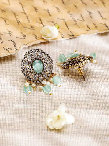 Rubans 22K Gold-Plated Mint Green AD Stone & Cubic Zirconia Studded Beaded Necklace Set Jewellery Set