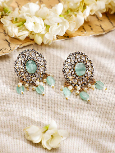 Rubans 22K Gold-Plated Mint Green AD Stone & Cubic Zirconia Studded Beaded Necklace Set Jewellery Set