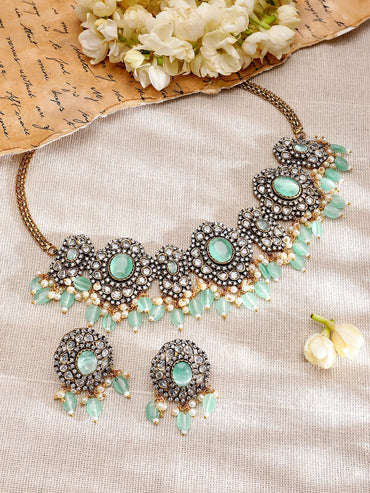 Rubans 22K Gold-Plated Mint Green AD Stone & Cubic Zirconia Studded Beaded Necklace Set Jewellery Set