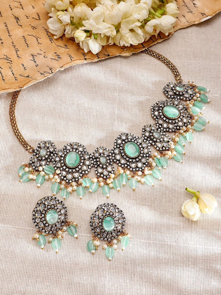 Rubans 22K Gold-Plated Mint Green AD Stone & Cubic Zirconia Studded Beaded Necklace Set Jewellery Set