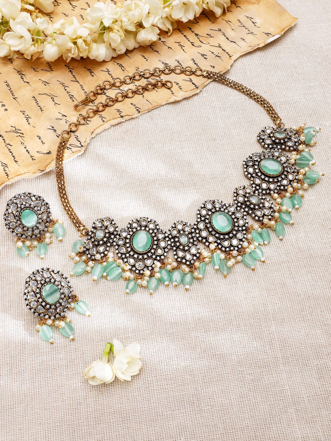 Rubans 22K Gold-Plated Mint Green AD Stone & Cubic Zirconia Studded Beaded Necklace Set Jewellery Set