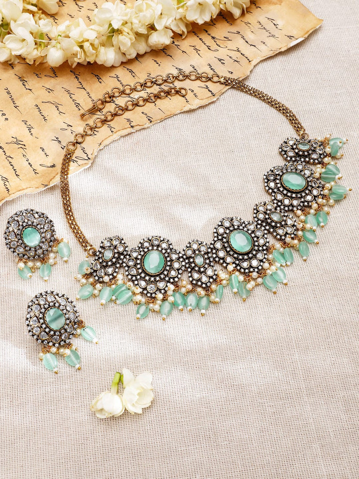 Rubans 22K Gold-Plated Mint Green AD Stone & Cubic Zirconia Studded Beaded Necklace Set Jewellery Set