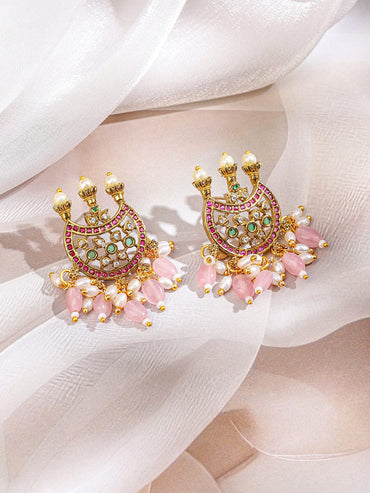 Rubans 22K Gold-Plated Mint Green Ruby Pink Stone & Pastel Pink Beaded Handcrafted Crescent Necklace Set for Women Jewellery Set