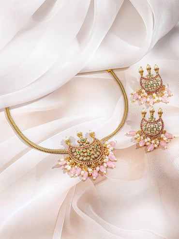 Rubans 22K Gold-Plated Mint Green Ruby Pink Stone & Pastel Pink Beaded Handcrafted Crescent Necklace Set for Women Jewellery Set