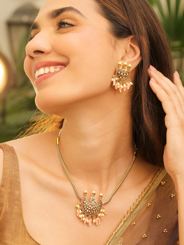 Rubans 22K Gold-Plated Mint Green Ruby Pink Stone & Pastel Pink Beaded Handcrafted Crescent Necklace Set for Women Jewellery Set