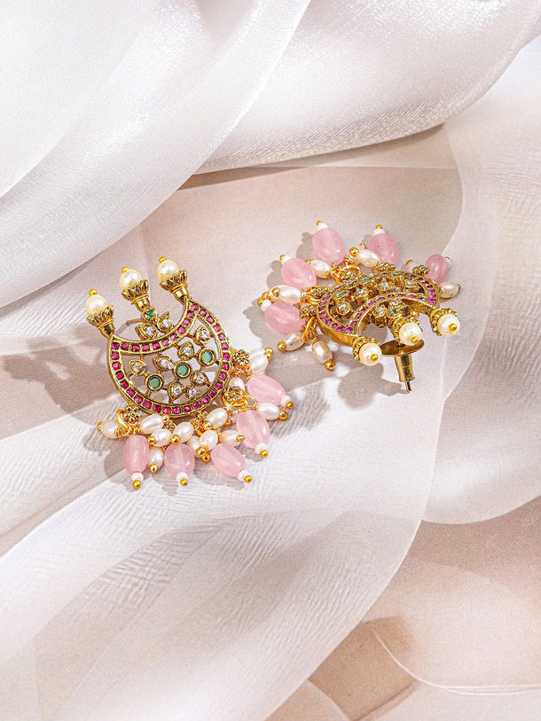 Rubans 22K Gold-Plated Mint Green Ruby Pink Stone & Pastel Pink Beaded Handcrafted Crescent Necklace Set for Women Jewellery Set