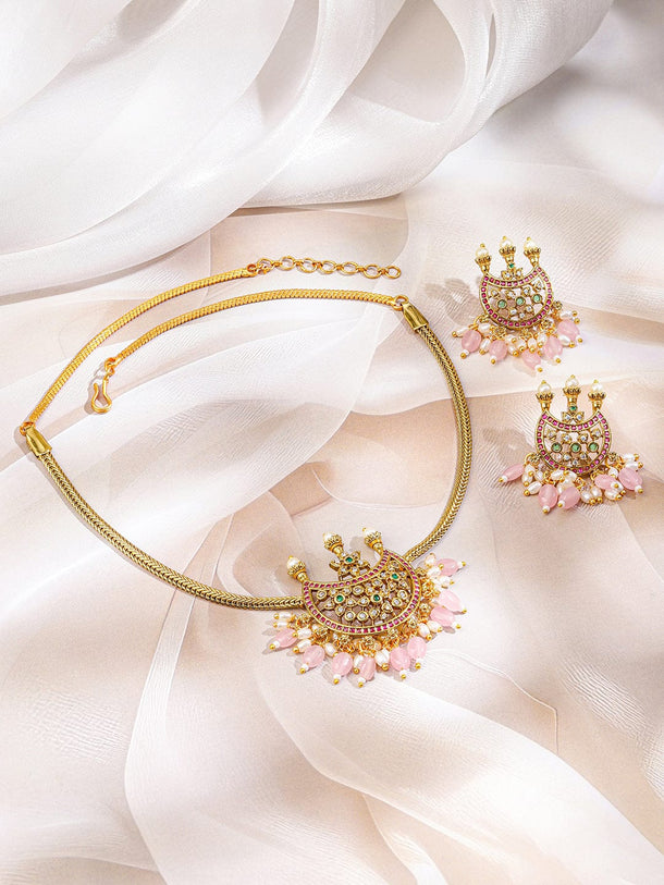 Rubans 22K Gold-Plated Mint Green Ruby Pink Stone & Pastel Pink Beaded Handcrafted Crescent Necklace Set for Women Jewellery Set