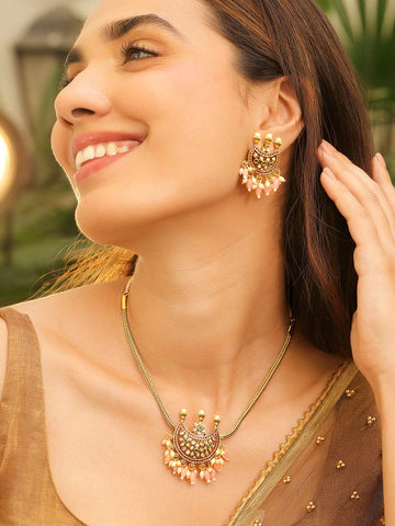 Rubans 22K Gold-Plated Mint Green Ruby Pink Stone & Pastel Pink Beaded Handcrafted Crescent Necklace Set for Women Necklaces, Necklace Sets, Chains & Mangalsutra