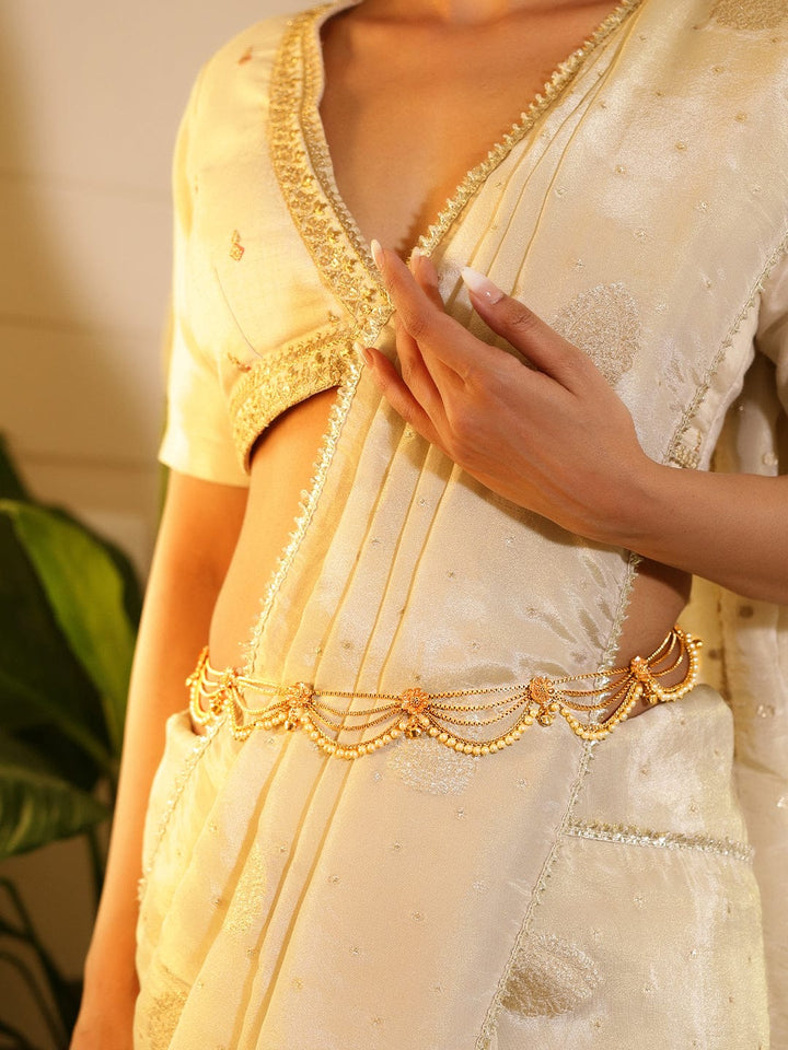 Rubans 22k Gold-Plated Multi-Layer Pearl Beaded Handcrafted Traditional Kamarbandh Saree Accessories