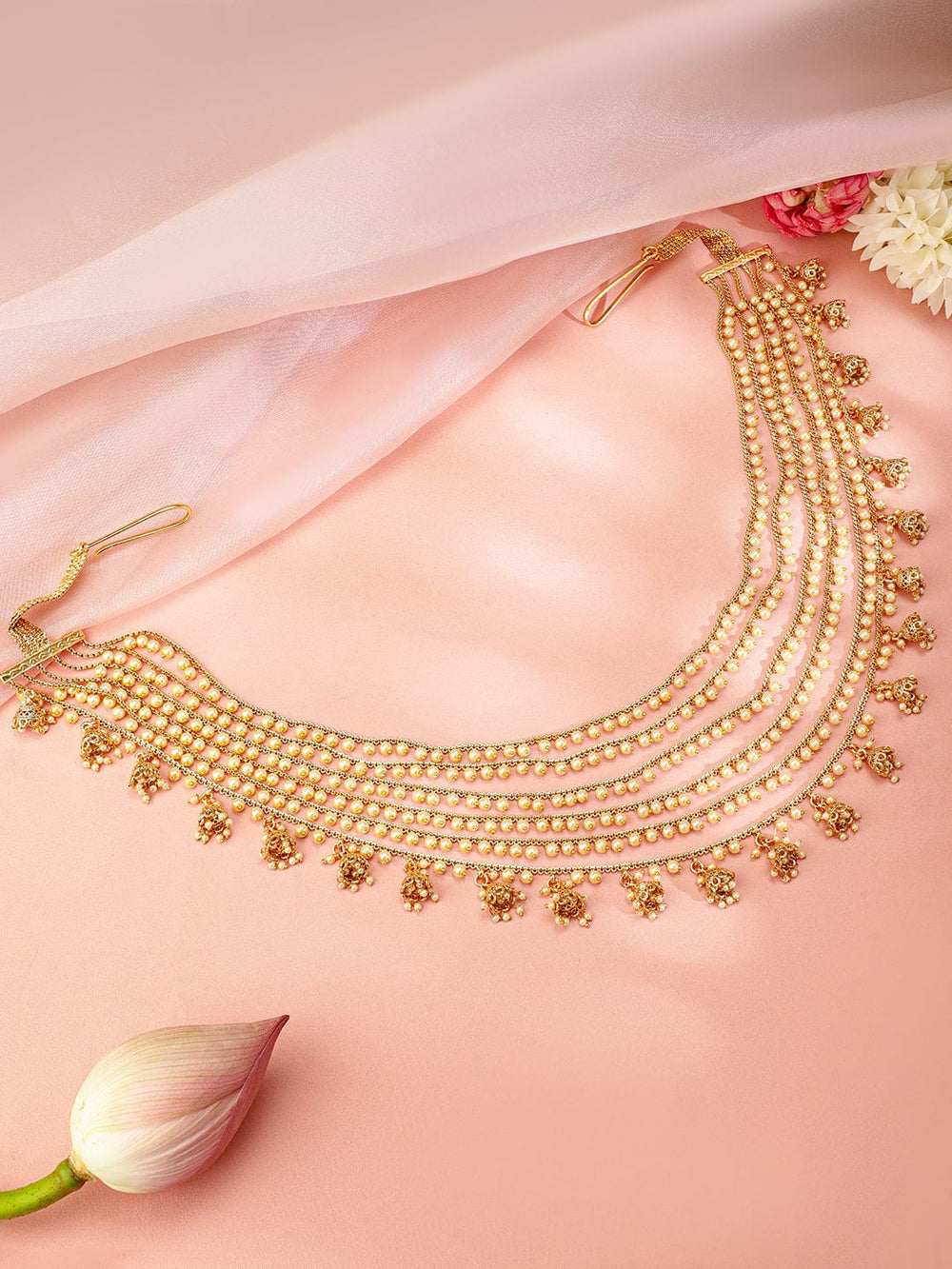 Rubans 22k Gold-Plated Multi-Layer Pearl Beaded Handcrafted Traditional Kamarbandh Saree Accessories