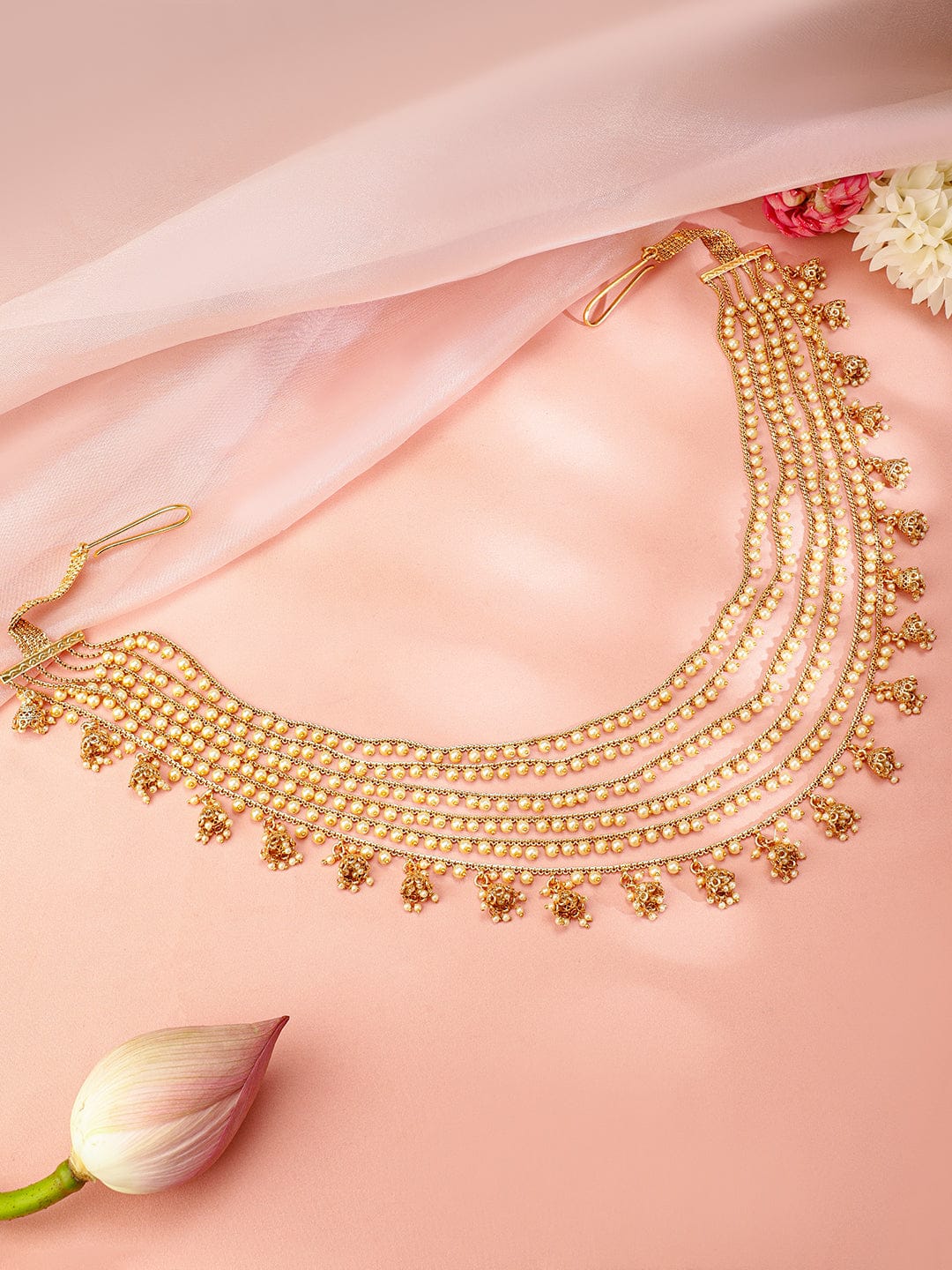 Rubans 22k Gold-Plated Multi-Layer Pearl Beaded Handcrafted Traditional Kamarbandh Saree Accessories