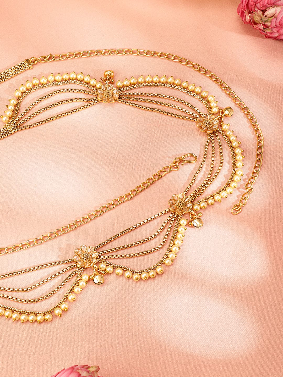 Rubans 22k Gold-Plated Multi-Layer Pearl Beaded Handcrafted Traditional Kamarbandh Saree Accessories