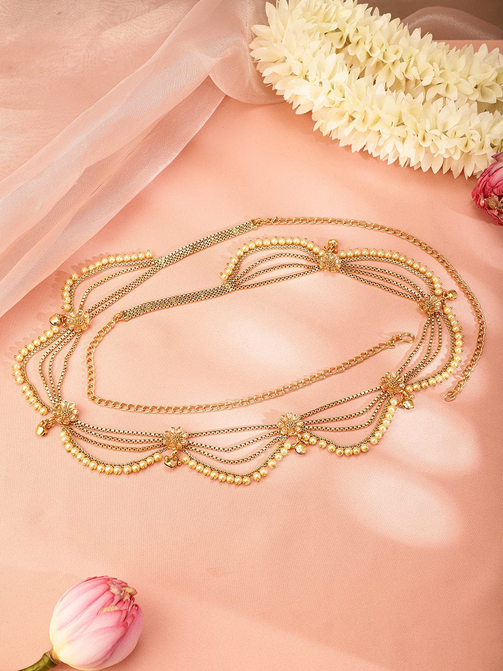 Rubans 22k Gold-Plated Multi-Layer Pearl Beaded Handcrafted Traditional Kamarbandh Saree Accessories