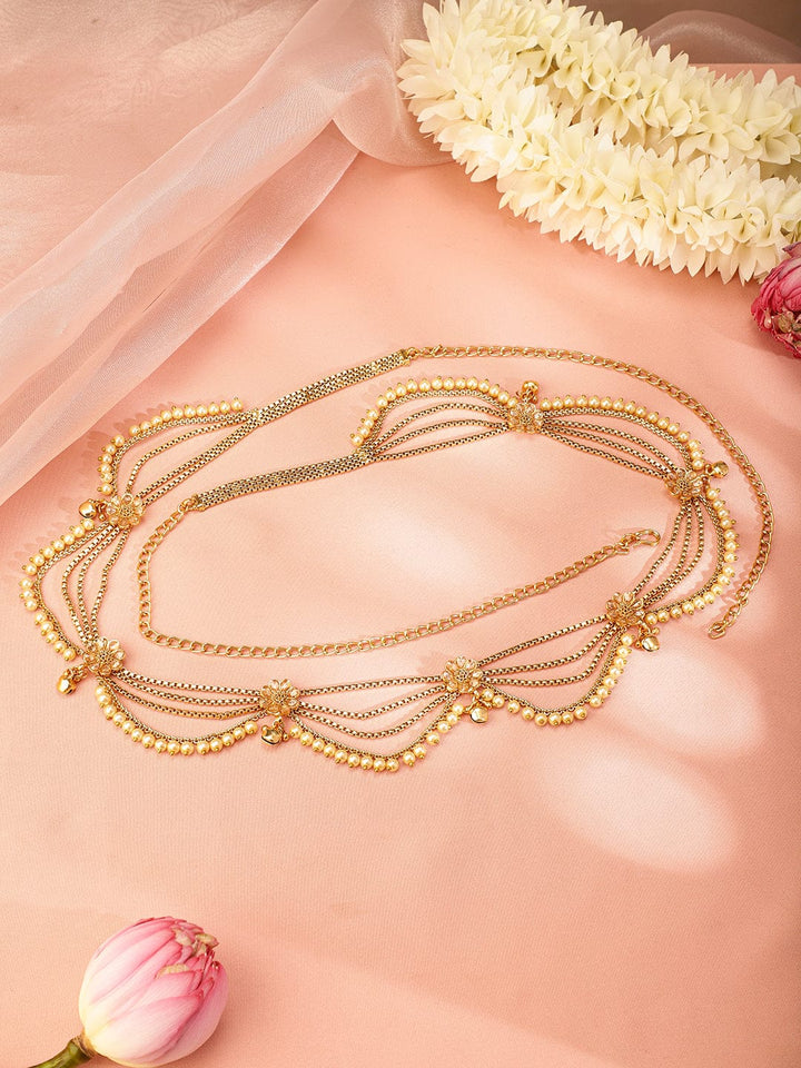 Rubans 22k Gold-Plated Multi-Layer Pearl Beaded Handcrafted Traditional Kamarbandh Saree Accessories