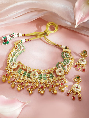 Rubans 22K Gold-Plated Multi-Strand Green Beads,White Kundan & Ruby Red Stone Necklace Set Jewellery Set