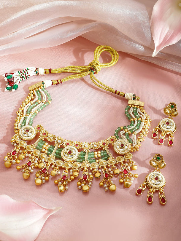 Rubans 22K Gold-Plated Multi-Strand Green Beads,White Kundan & Ruby Red Stone Necklace Set Jewellery Set