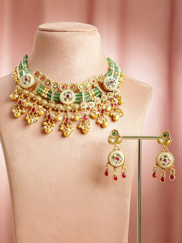 Rubans 22K Gold-Plated Multi-Strand Green Beads,White Kundan & Ruby Red Stone Necklace Set Jewellery Set