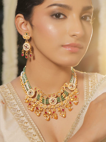 Rubans 22K Gold-Plated Multi-Strand Green Beads,White Kundan & Ruby Red Stone Necklace Set Jewellery Set