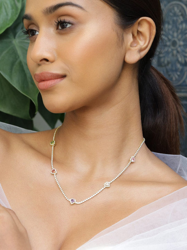 Rubans 22K Gold-Plated Multicolor AD & Cubic Zirconia Studded Heart Charm Tennis Necklace Necklace & Chain