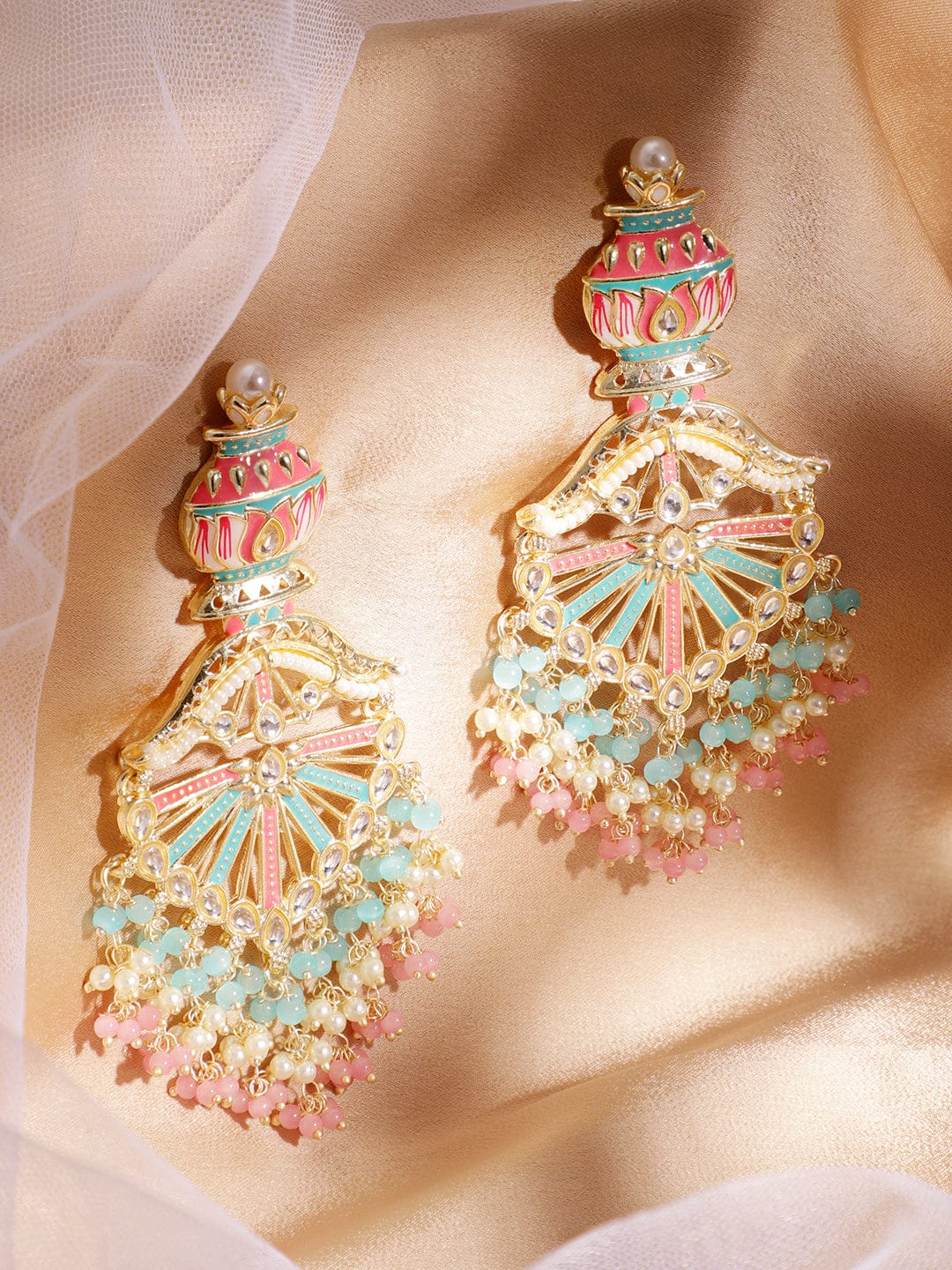 Rubans 22K Gold-Plated Multicolor Enamel with Mint Green and Pastel Pink Beaded Chandelier Earrings