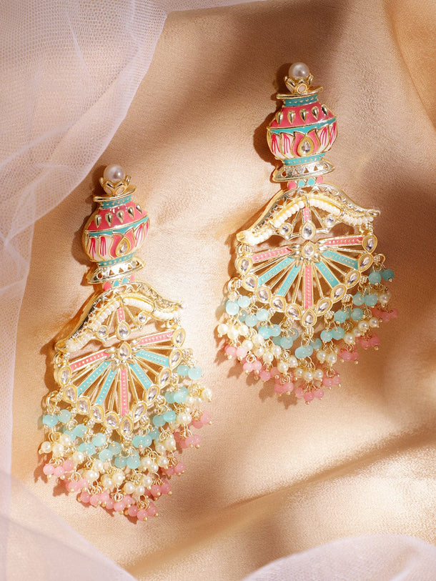 Rubans 22K Gold-Plated Multicolor Enamel with Mint Green and Pastel Pink Beaded Chandelier Earrings