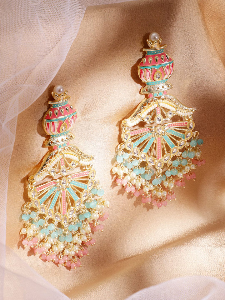 Rubans 22K Gold-Plated Multicolor Enamel with Mint Green and Pastel Pink Beaded Chandelier Earrings