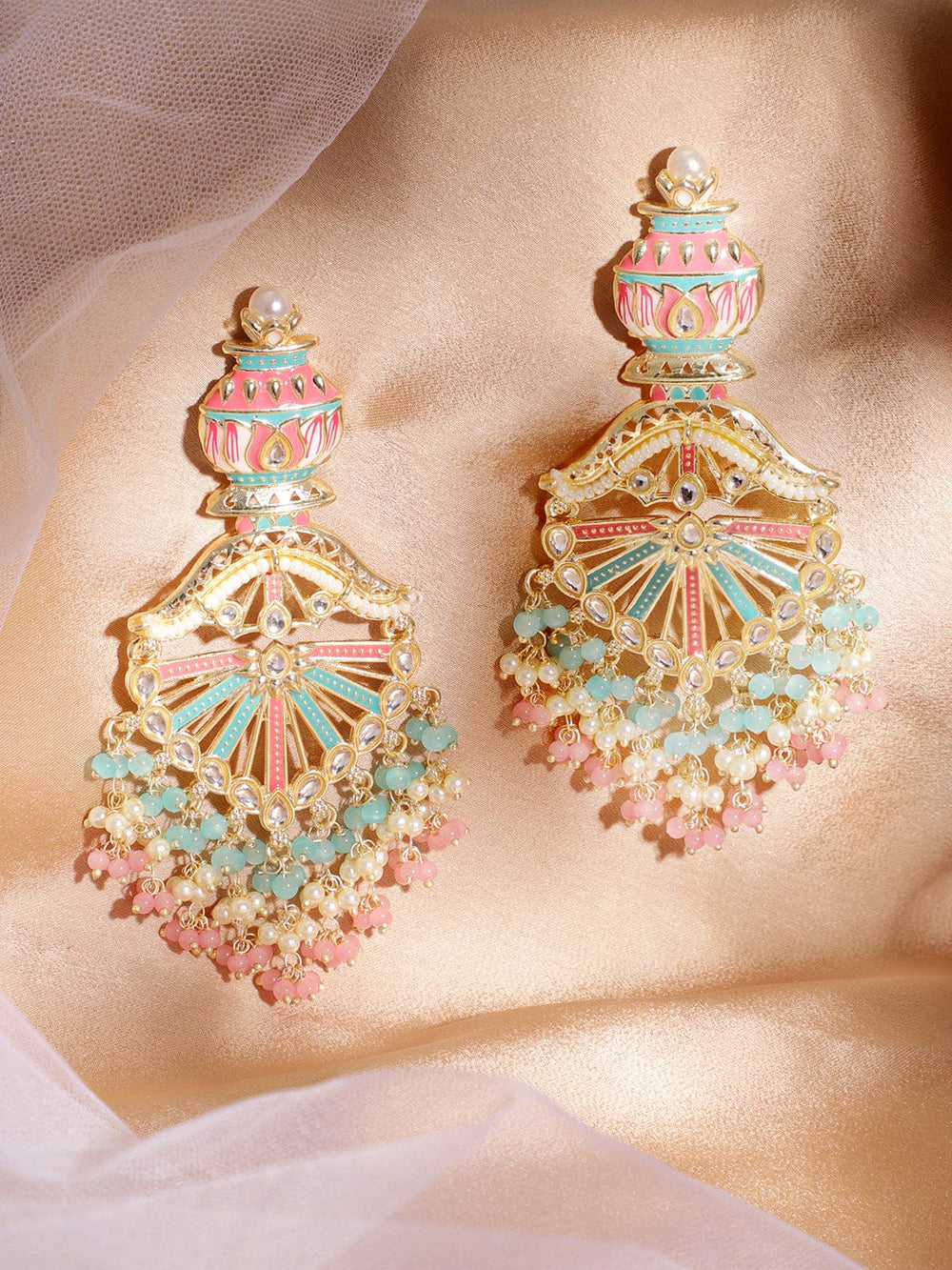 Rubans 22K Gold-Plated Multicolor Enamel with Mint Green and Pastel Pink Beaded Chandelier Earrings
