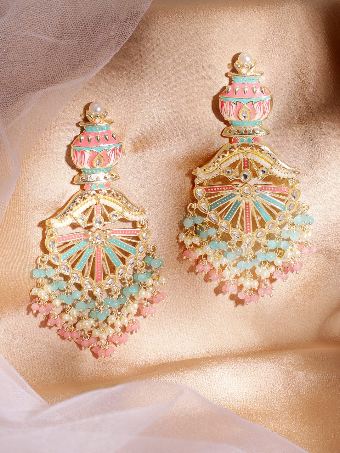 Rubans 22K Gold-Plated Multicolor Enamel with Mint Green and Pastel Pink Beaded Chandelier Earrings