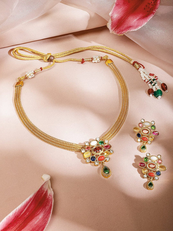 Rubans 22K Gold-Plated Multicolor Gemstone Studded Brass Traditional Necklace Set Jewellery Set