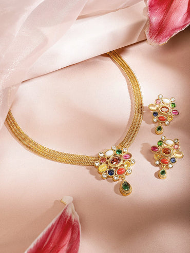 Rubans 22K Gold-Plated Multicolor Gemstone Studded Traditional Necklace Set Necklace Set