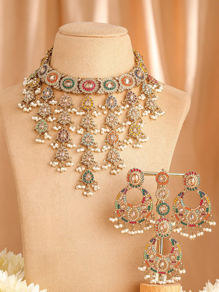 Rubans 22K Gold-Plated Multicolor Kundan & Cubic Zirconia Studded Bridal Jewelry Set Jewellery Set