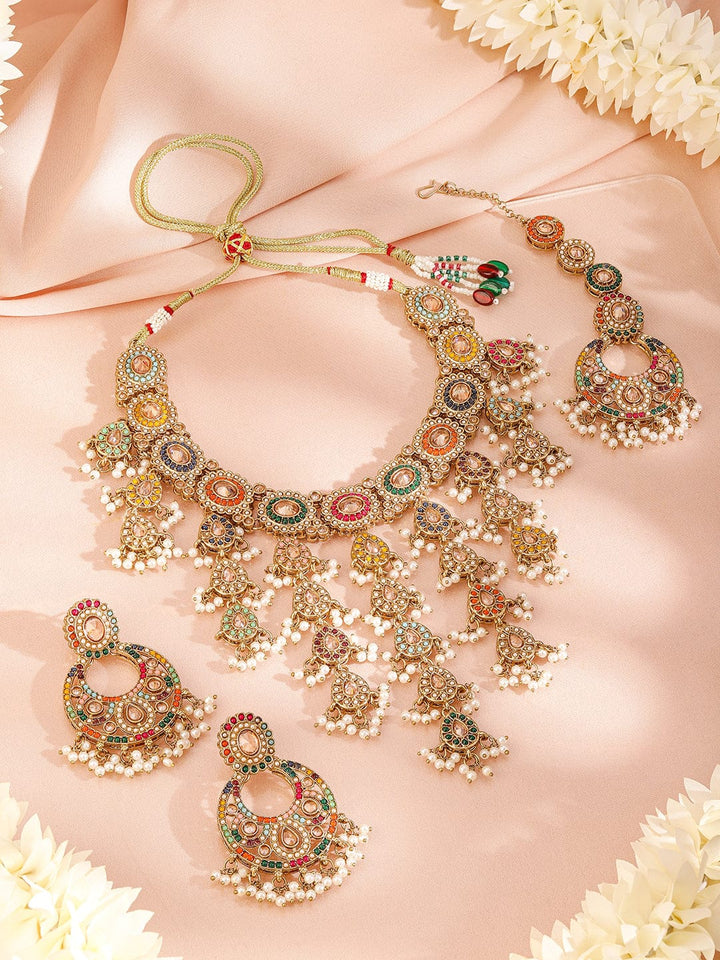 Rubans 22K Gold-Plated Multicolor Kundan & Cubic Zirconia Studded Bridal Jewelry Set Jewellery Set