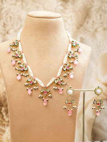 Rubans 22K Gold-Plated Multicolor Kundan & Pink, Green Pearls Beads Studded Pearl Necklace Set for Women Necklaces, Necklace Sets, Chains & Mangalsutra