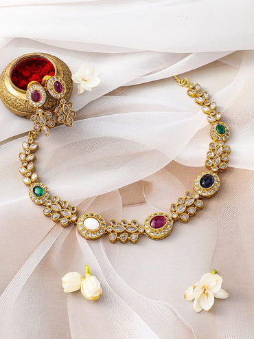 Rubans 22K Gold-Plated Multicolor Stone & Cubic Zirconia Studded Necklace Set with Earring Necklace Set