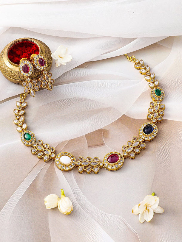 Rubans 22K Gold-Plated Multicolor Stone & Cubic Zirconia Studded Necklace Set with Earring Necklace Set