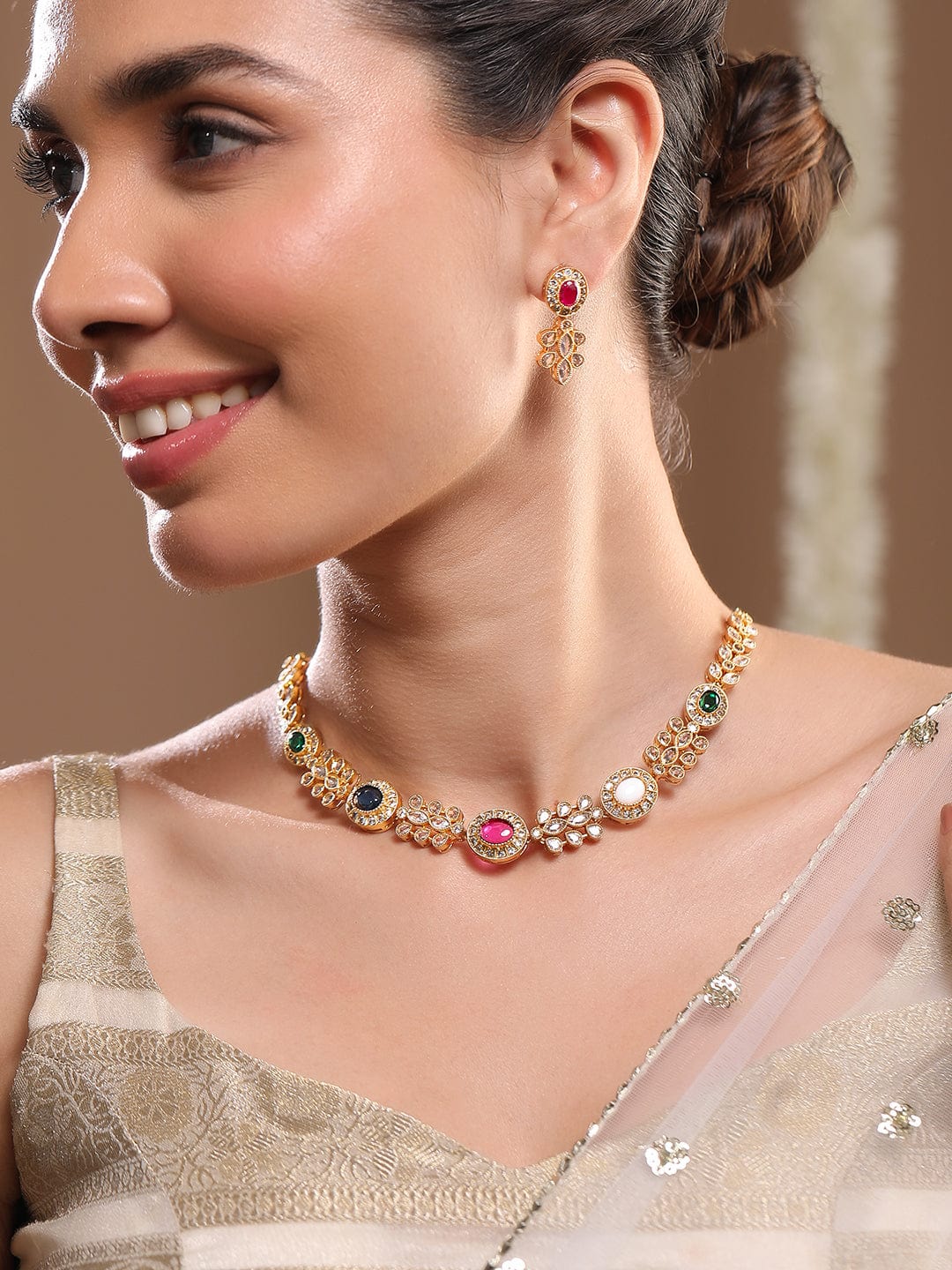 Rubans 22K Gold-Plated Multicolor Stone & Cubic Zirconia Studded Necklace Set with Earring Necklace Set