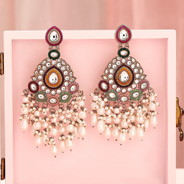 Rubans 22K Gold Plated Multicolor Stone & Kundan Studded Long Chandbali Earrings with Pearl Accents Chandbali Earring