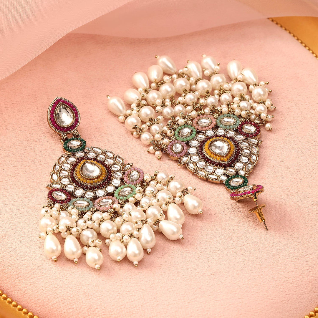 Rubans 22K Gold Plated Multicolor Stone & Kundan Studded Long Chandbali Earrings with Pearl Accents Chandbali Earring