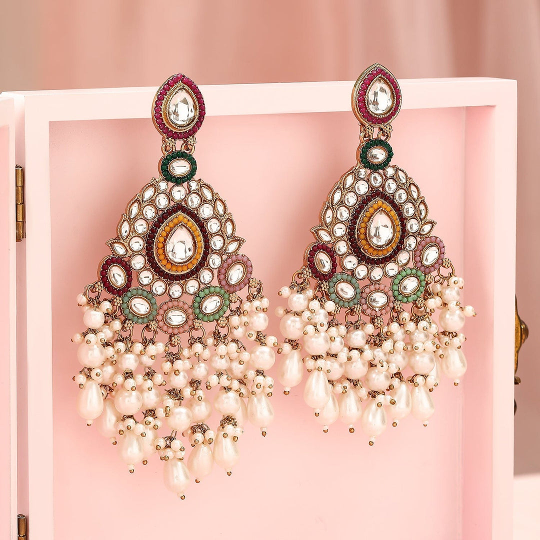 Rubans 22K Gold Plated Multicolor Stone & Kundan Studded Long Chandbali Earrings with Pearl Accents Chandbali Earring