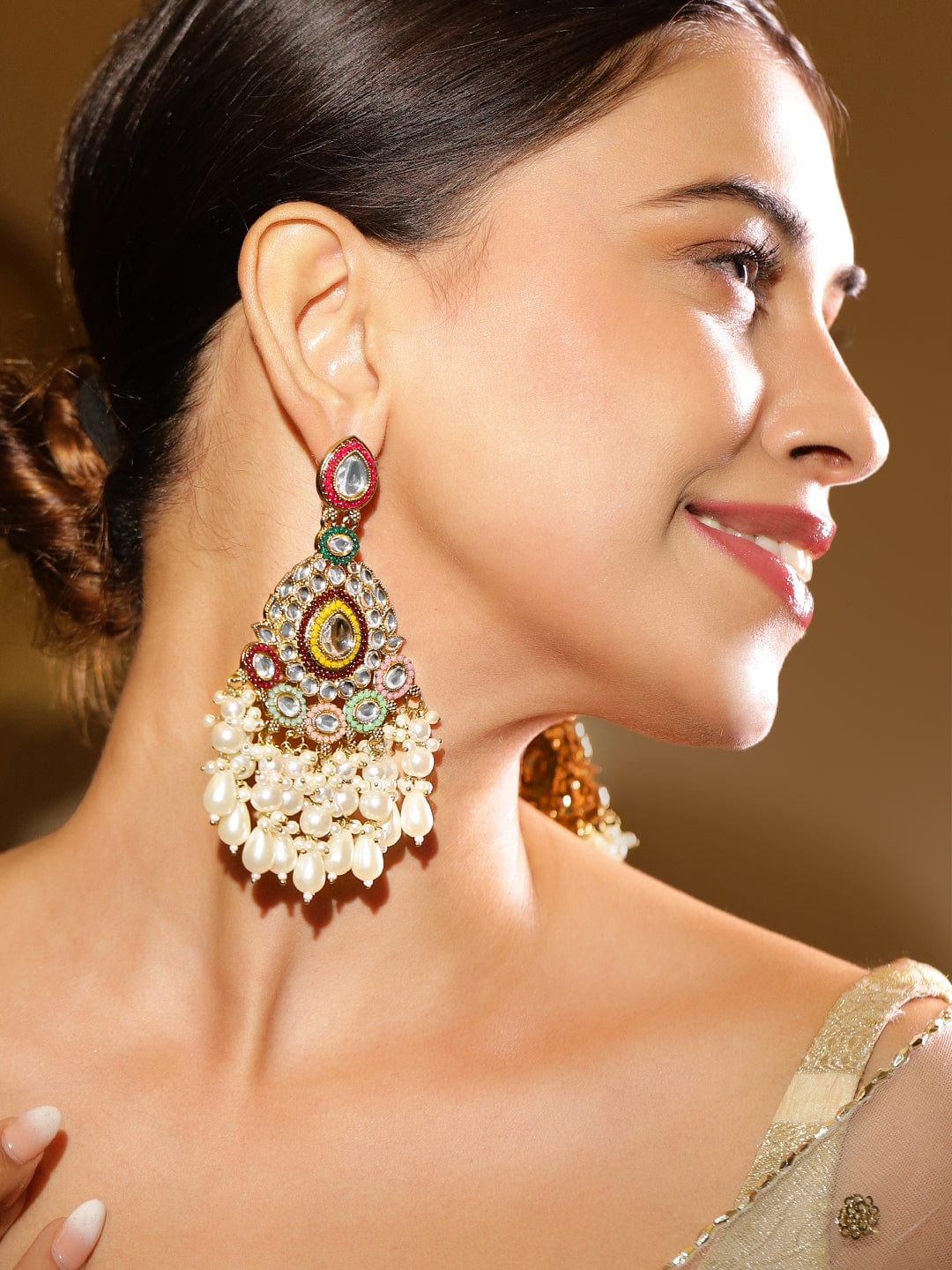 Rubans 22K Gold Plated Multicolor Stone & Kundan Studded Long Chandbali Earrings with Pearl Accents Chandbali Earring